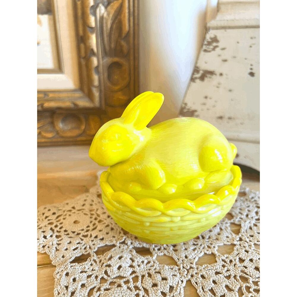 Mosser Glass Dandelion Yellow Covered Bunny Rabbit Dish – 2 Piece Basket Candy D